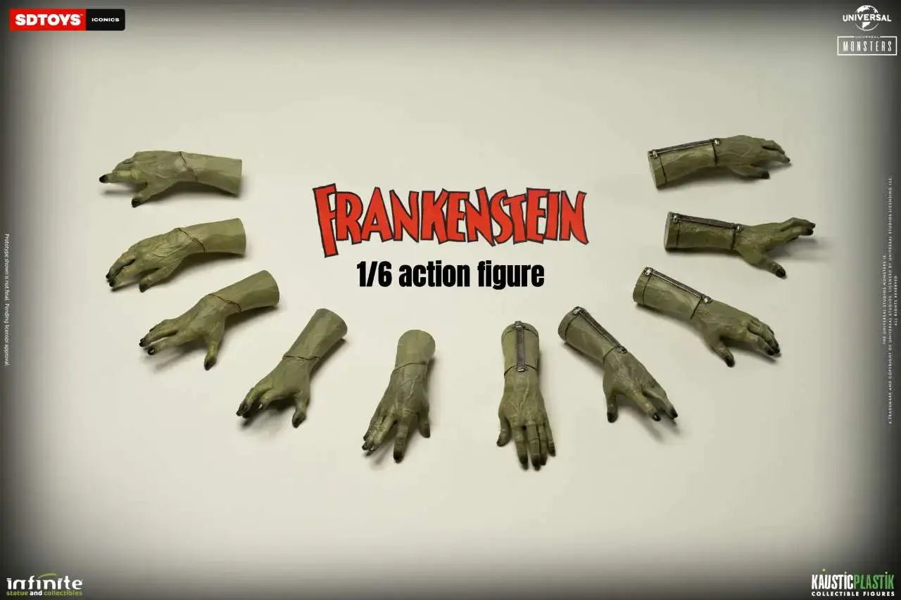 Frankenstein's Monster 1/6 action figure accessories by INFINITE STATUE; green forearms and hands arranged around text