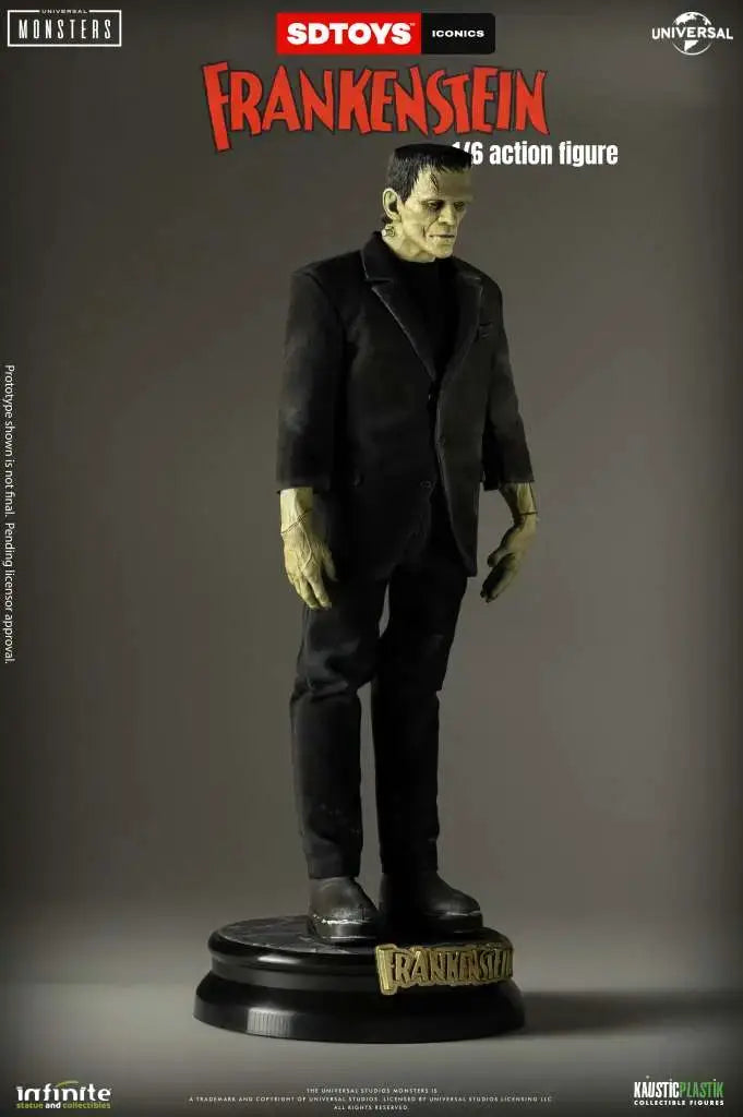 Frankenstein's Monster 1/6 action figure by Infinite Statue on black base, dressed in a black suit with pale green skin.