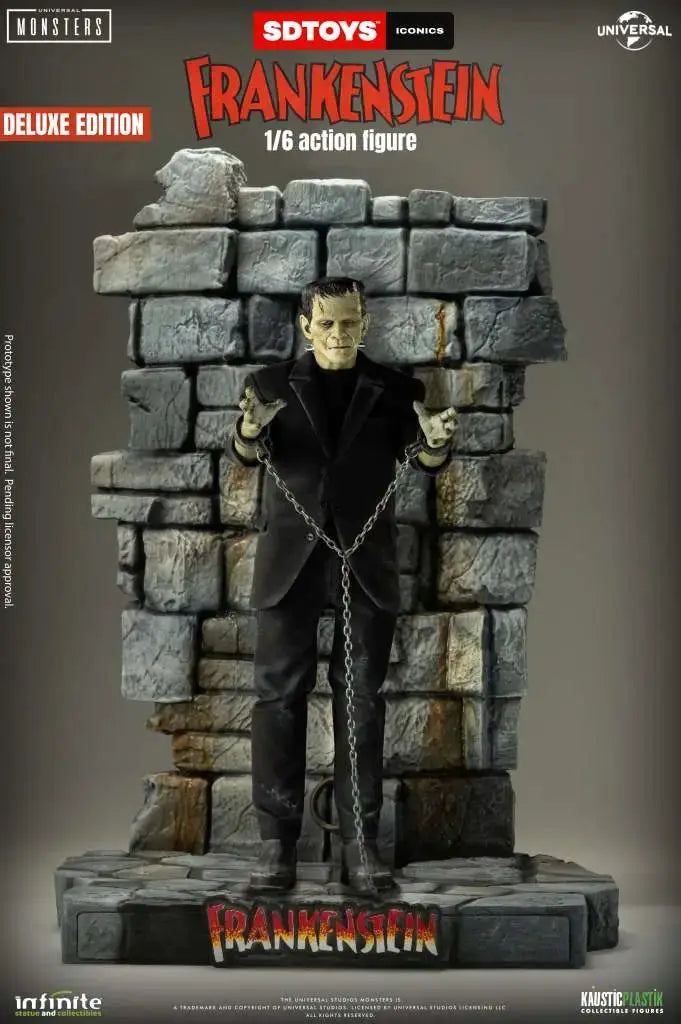 Frankenstein's Monster 1/6 action figure Deluxe Edition by Infinite Statue, chained in a black suit before a stone wall