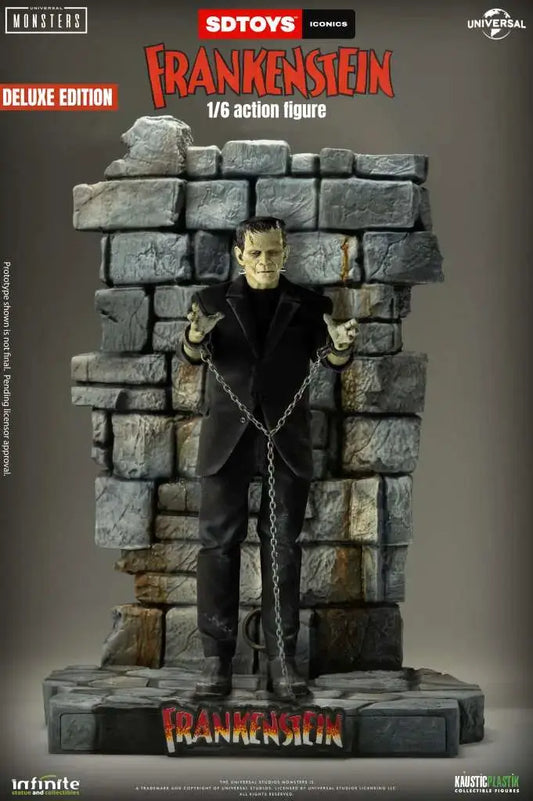 Frankenstein's Monster 1/6 action figure Deluxe Edition by Infinite Statue, chained in a black suit before a stone wall