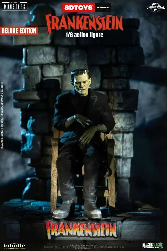 Frankenstein's Monster 1/6 action figure, Deluxe Edition by INFINITE STATUE, seated in a dark chair.
