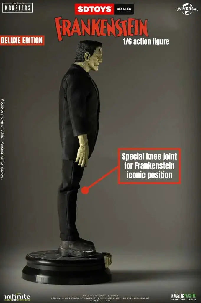 Frankenstein's Monster 1/6 action figure by INFINITE STATUE, deluxe edition, black suit, pale figure on display base.