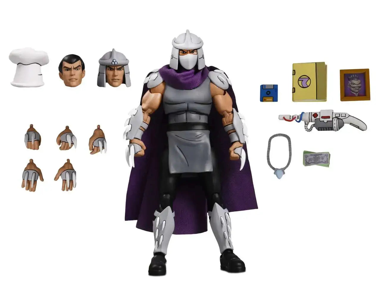 Figura de acción Shredder Ultimate de Las Tortugas Ninja, 18 cm, con capa morada y accesorios intercambiables.