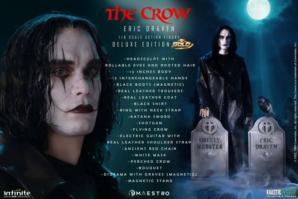 The Crow Eric Draven 1/6 Luxury Action Figure Deluxe Edition by Infinite Statue, black outfit with tombstone display
