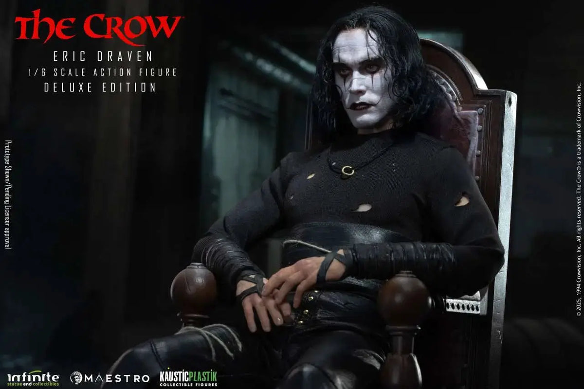 The Crow Eric Draven 1/6 Luxury Action Figure Deluxe Edition by Infinite Statue, black suit, pale makeup, seated on throne.