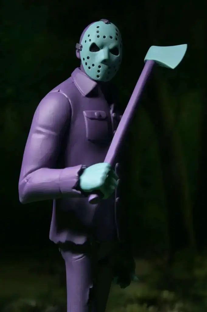 NECA Friday the 13th Retro Jason Toony Terrors action figure in purple suit with teal mask, holding a teal blade axe