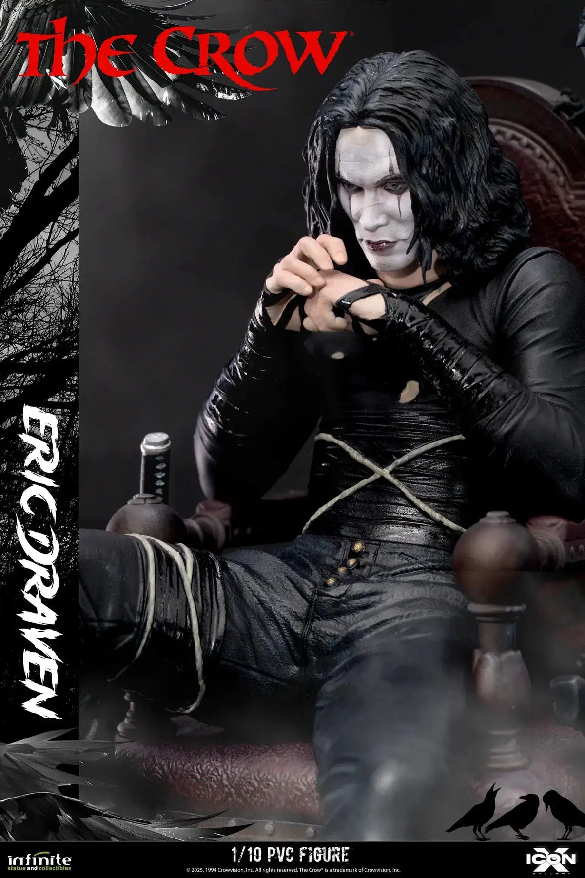 The Crow Eric Draven Icon X 1/10 PVC figure by Infinite Statue, black outfit with stark white facial makeup.