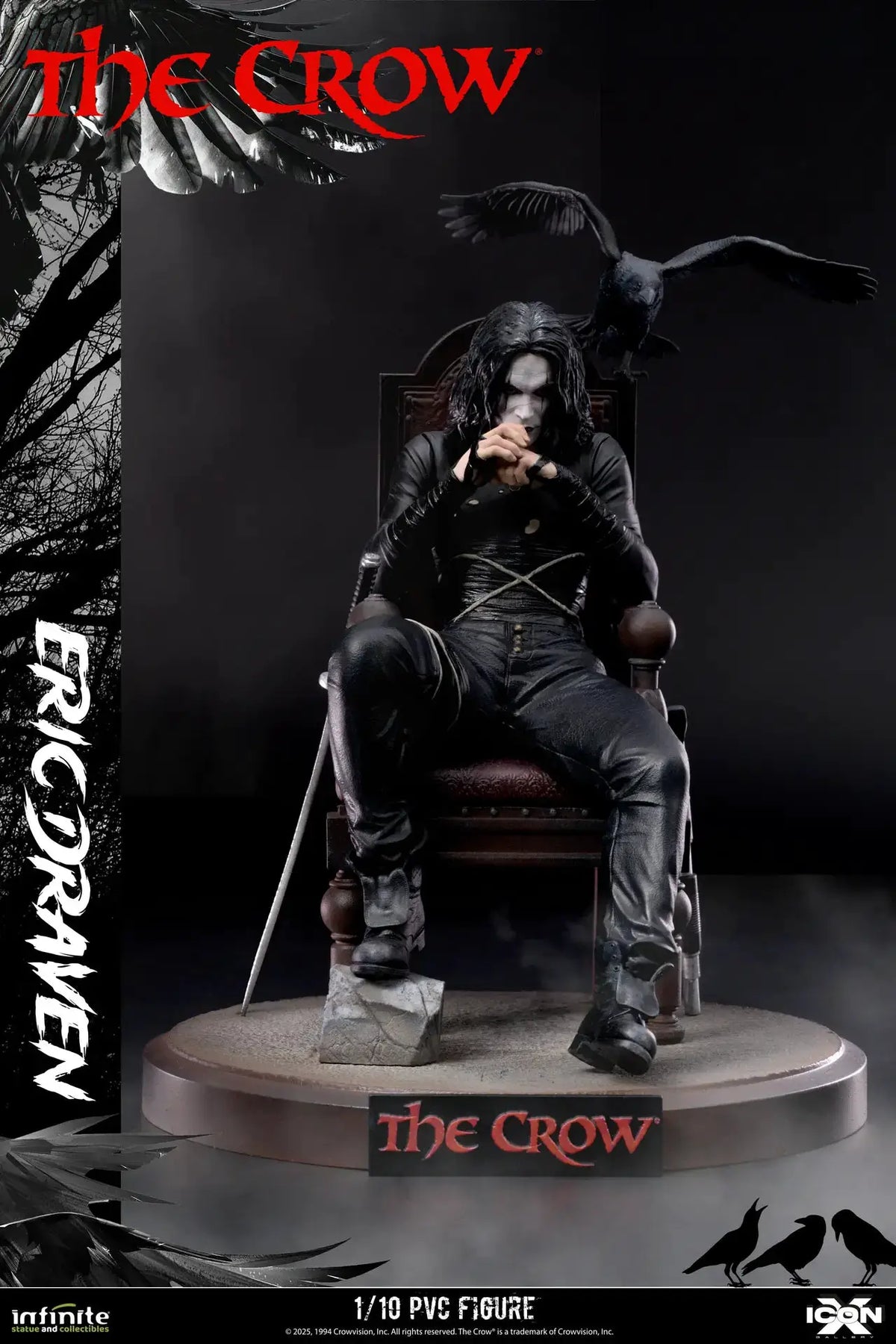 The Crow Eric Draven 1/10 PVC figure by Infinite Statue, black-clad Eric seated with ravens.