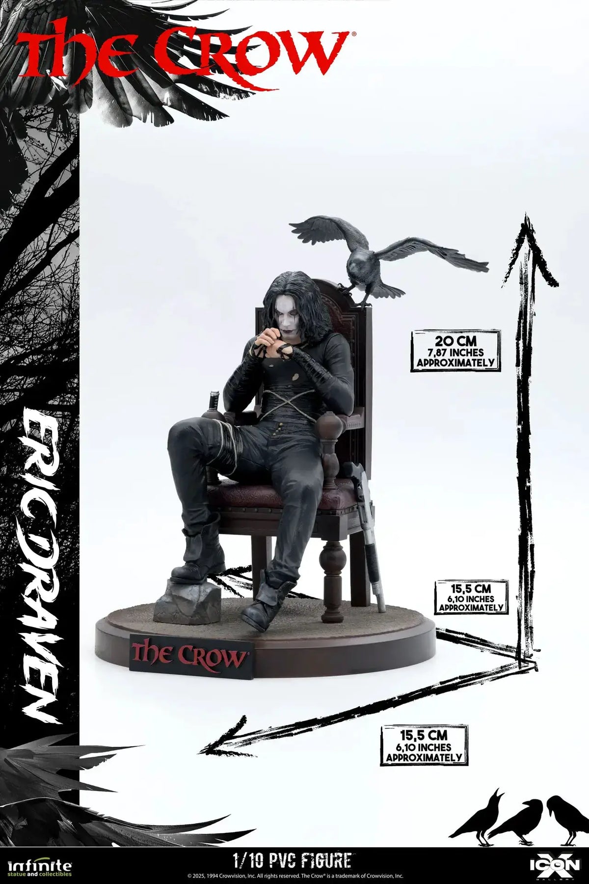 The Crow Eric Draven Icon X 1/10 PVC figure in black with pale face, seated with a crow on the chair; Infinite Statue