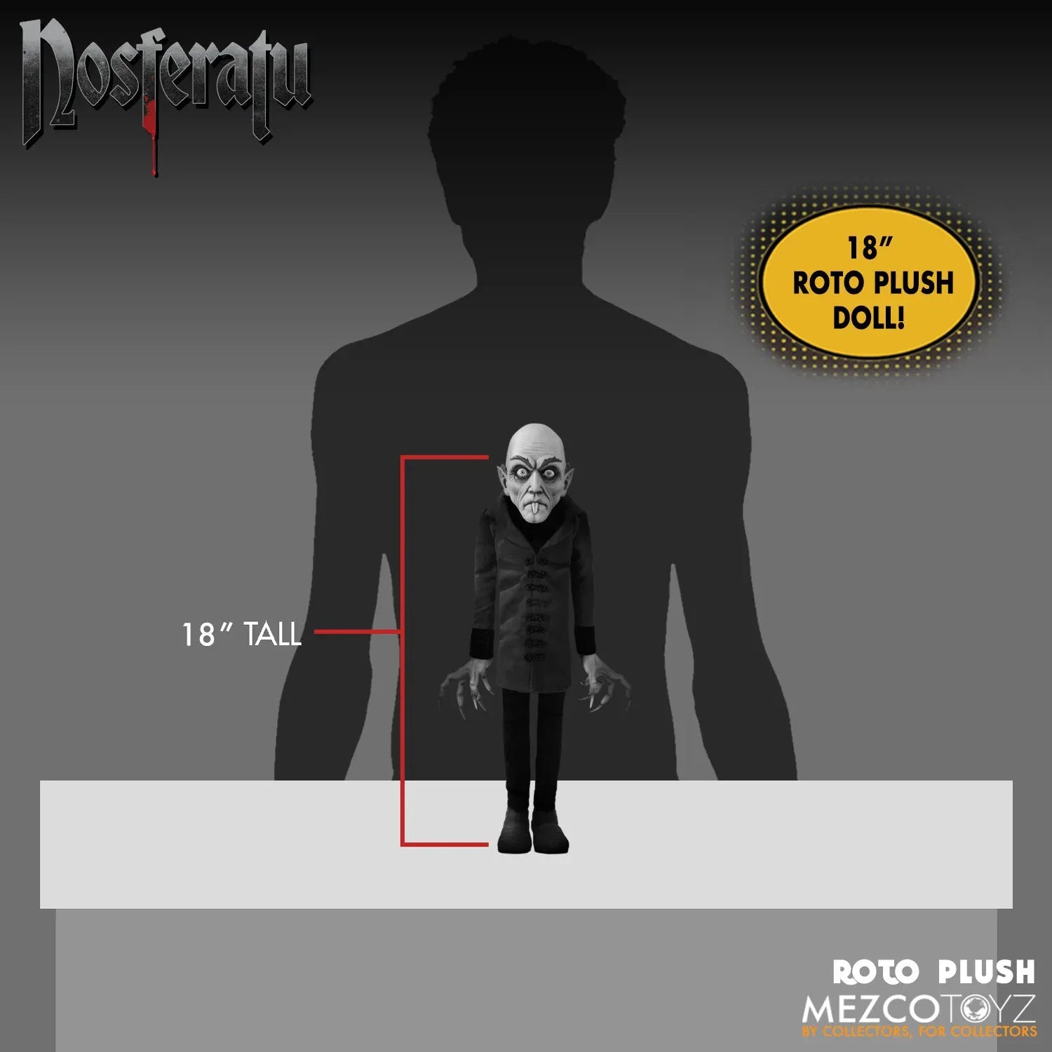 Nosferatu Mds Roto Plush 18-inch doll by Mezco Toys; black coat, pale vampire face