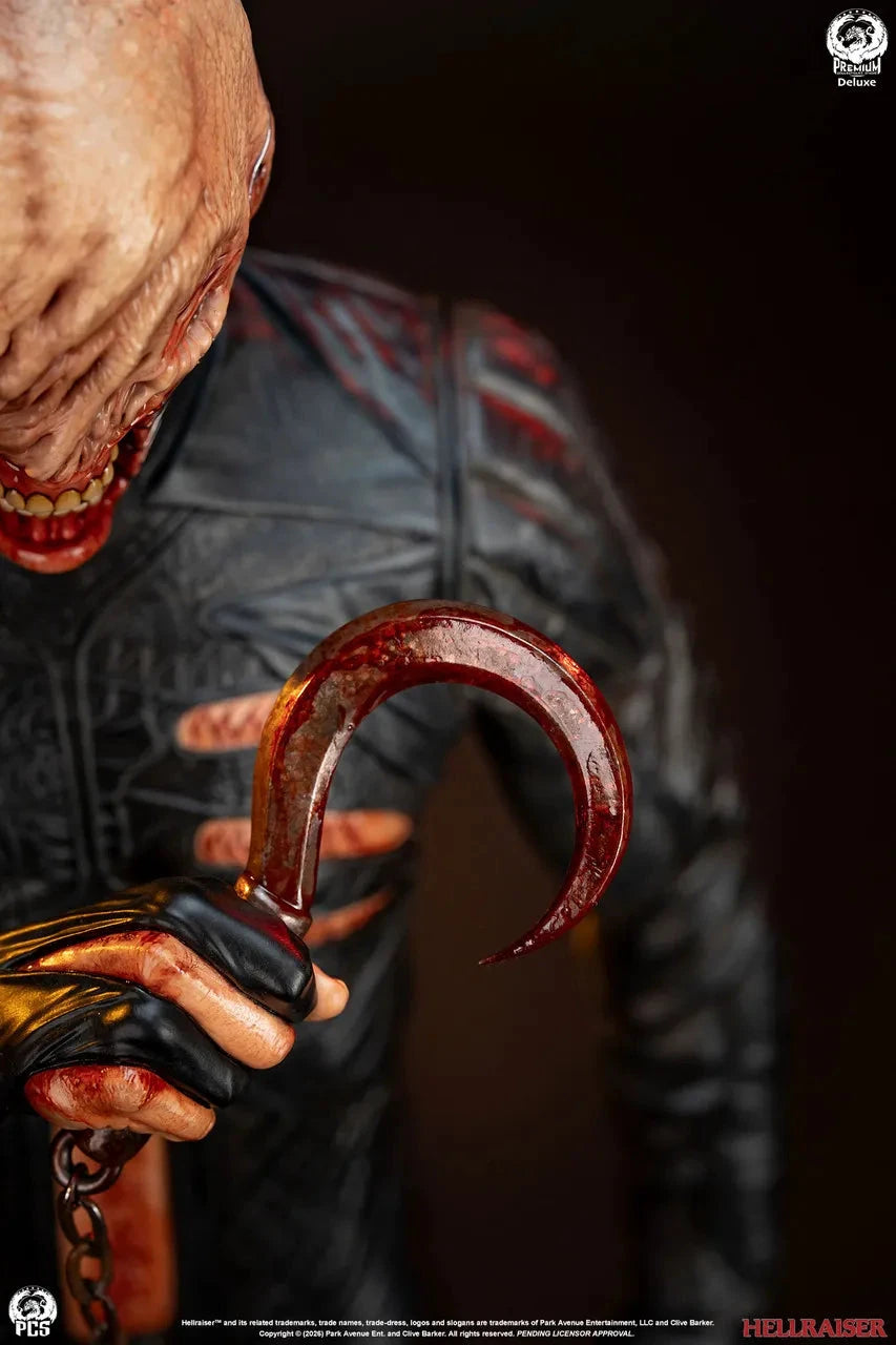 Hellraiser Chatterer 1:3 Scale Statue Deluxe Edition by Premium Collectibles Studio; close-up of bloodied curved hook.
