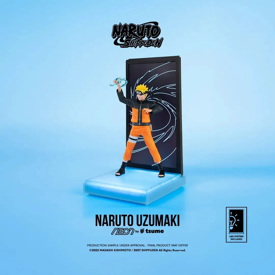 Naruto Uzumaki Neon Figure by TSUME on blue LED base with panel backdrop