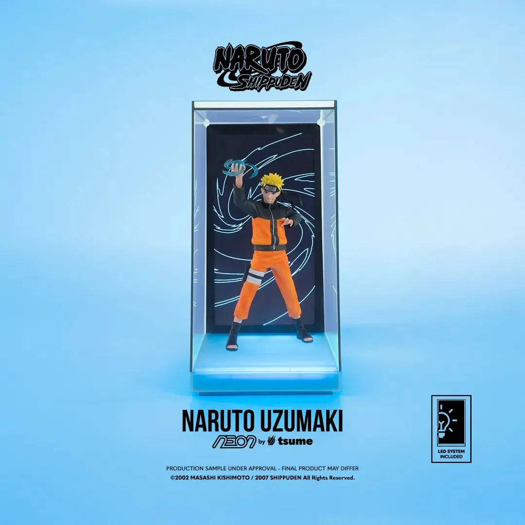 Naruto Uzumaki Neon Figure by TSUME in acrylic display case with blue backdrop
