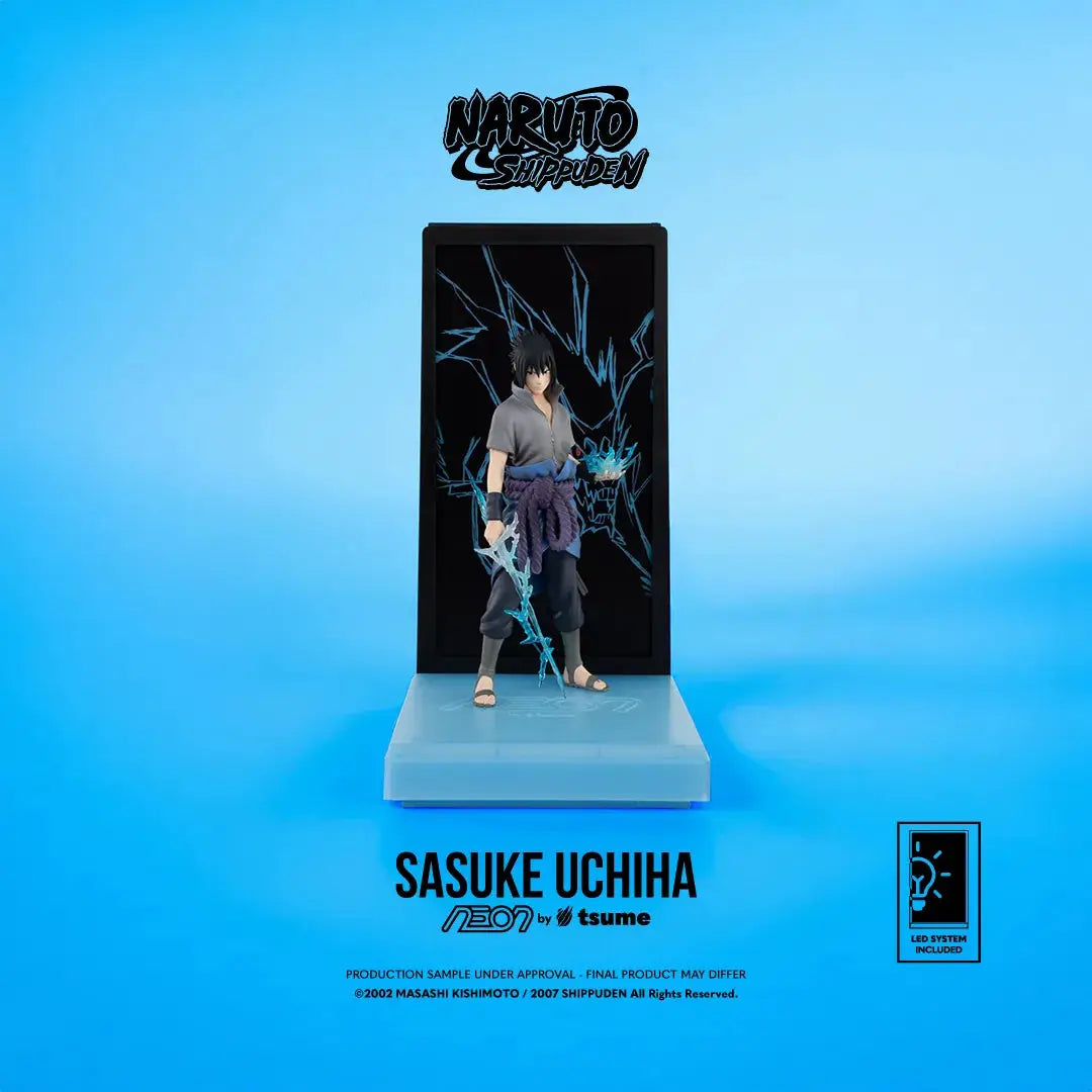 Tsume Sasuke Uchiha Neon Figure 25cm action figure with blue neon lightning effects on display base.