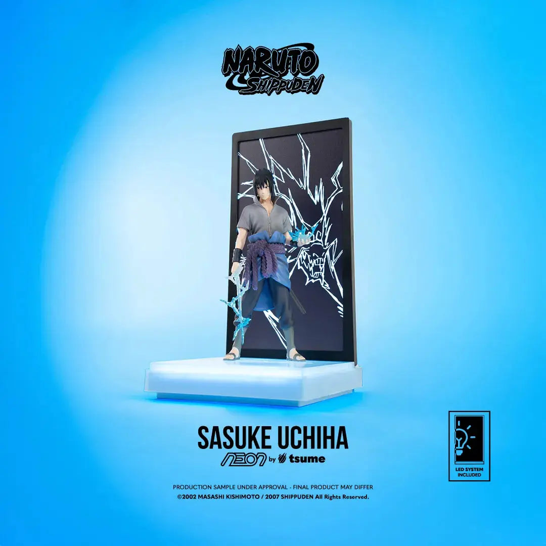 Sasuke Uchiha Neon Figure by TSUME, 25cm Naruto Shippuden action figure with blue neon accents on display base.