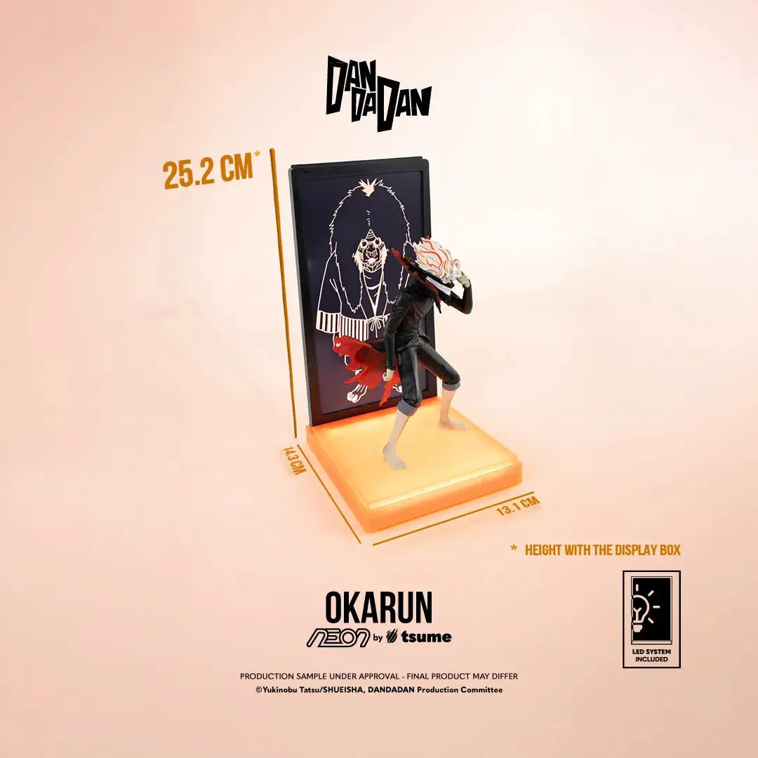 Tsume Dandadan Okarun Neon action figure, 25cm, with LED-lit orange display base and backdrop panel