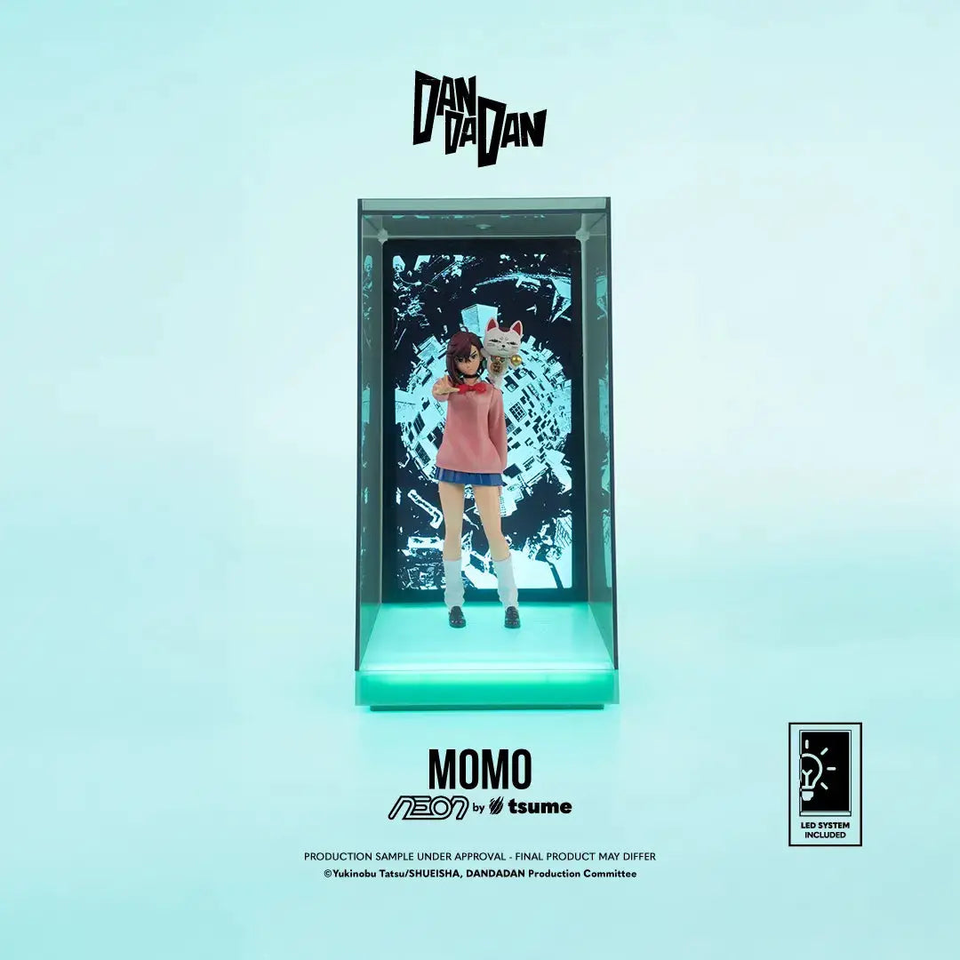 Tsume Dandadan Momo Neon figure, 25 cm, pink hoodie and blue skirt, in a neon-lit display case