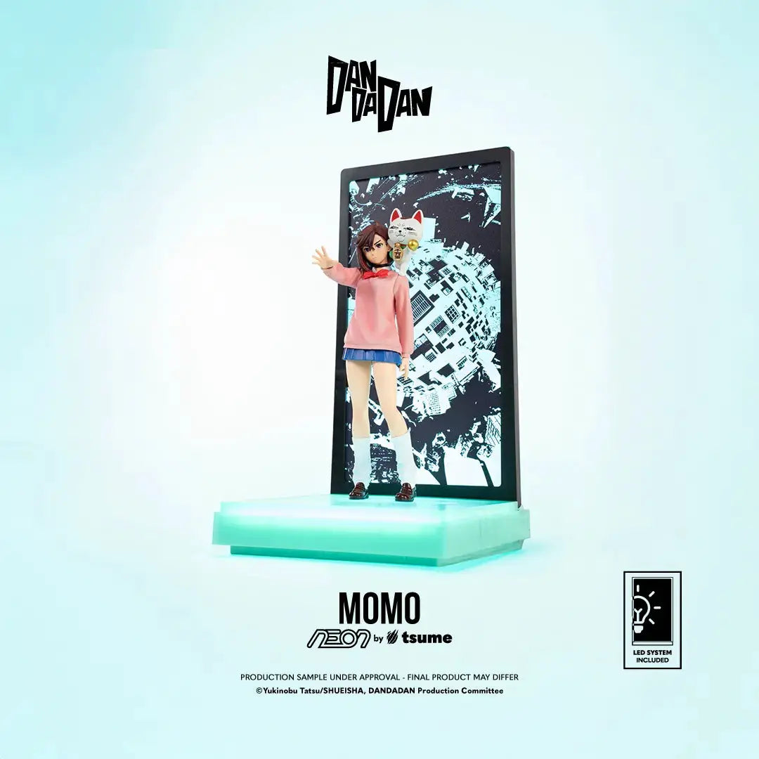 Dandadan Momo Neon Figure 25cm by TSUME; action figure of Momo in pink sweater and blue skirt on a teal neon base.