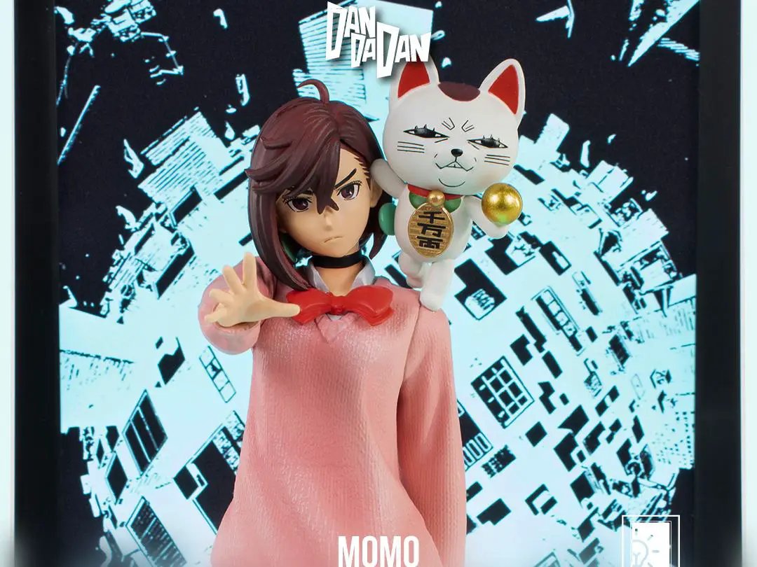 Tsume Dandadan Momo Neon action figure, 25cm, pink dress with white cat on shoulder