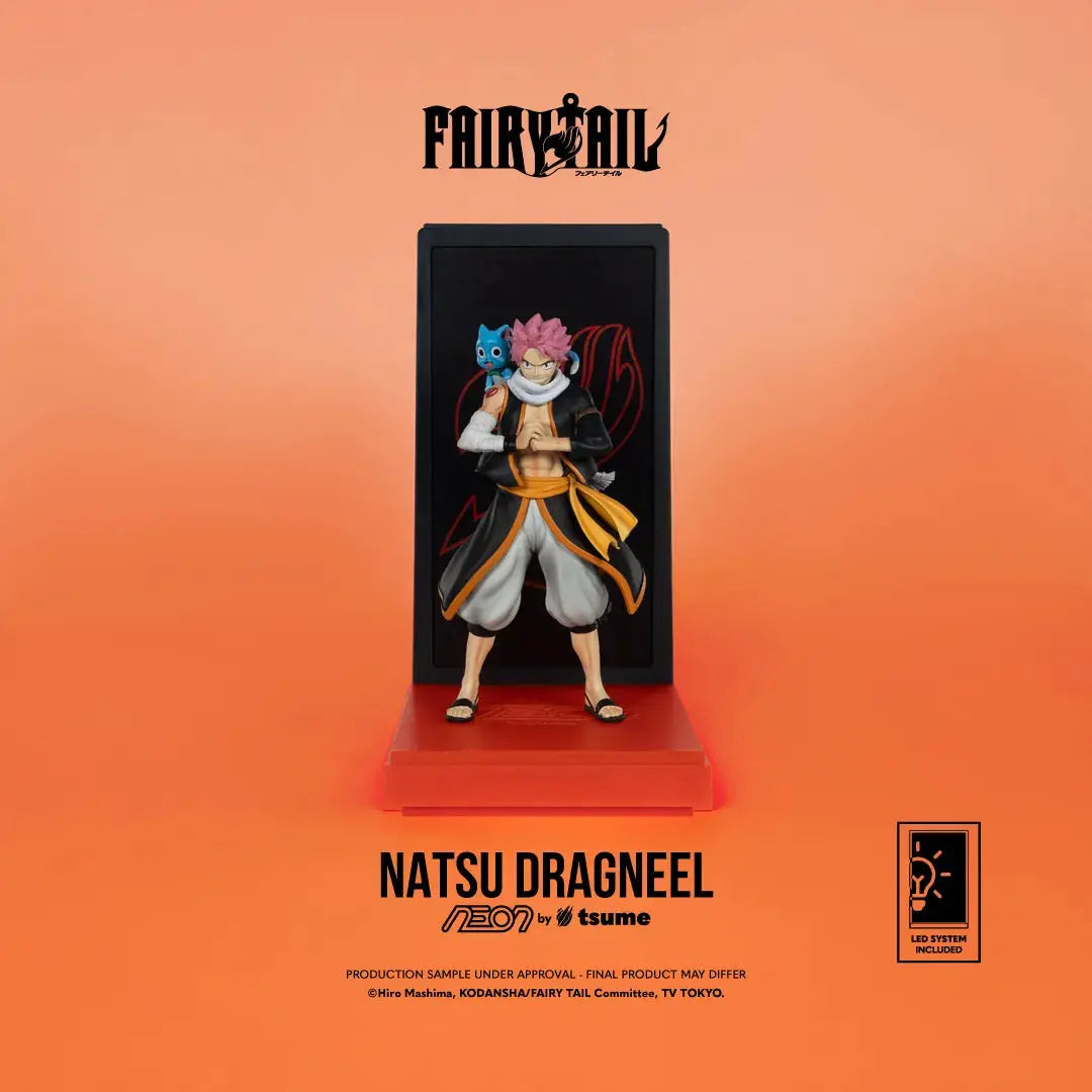 TSUME Natsu Dragneel Neon action figure, 25cm, with Happy on shoulder, orange/black outfit, red display base
