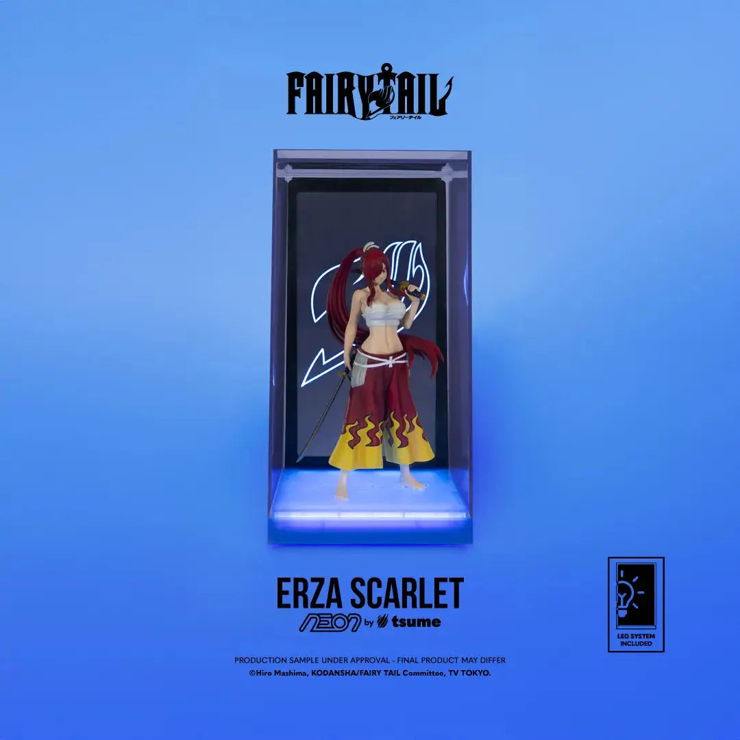 Erza Scarlet Neon Figure, 25cm action figure by TSUME, white top with red-yellow flame skirt in neon-lit display case