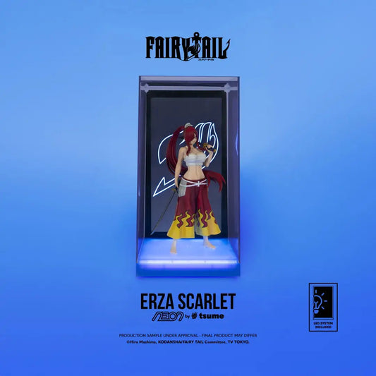 Erza Scarlet Neon Figure, 25cm action figure by TSUME, white top with red-yellow flame skirt in neon-lit display case