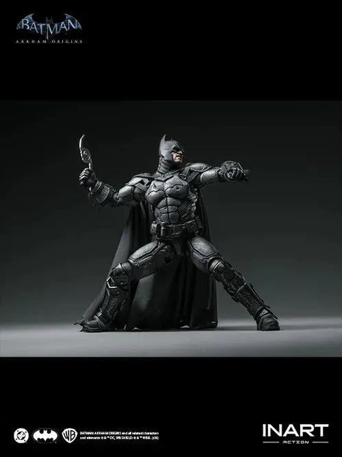Batman Arkham Origins Battle-Damaged 1/12 action figure by INART, black armored suit with cape