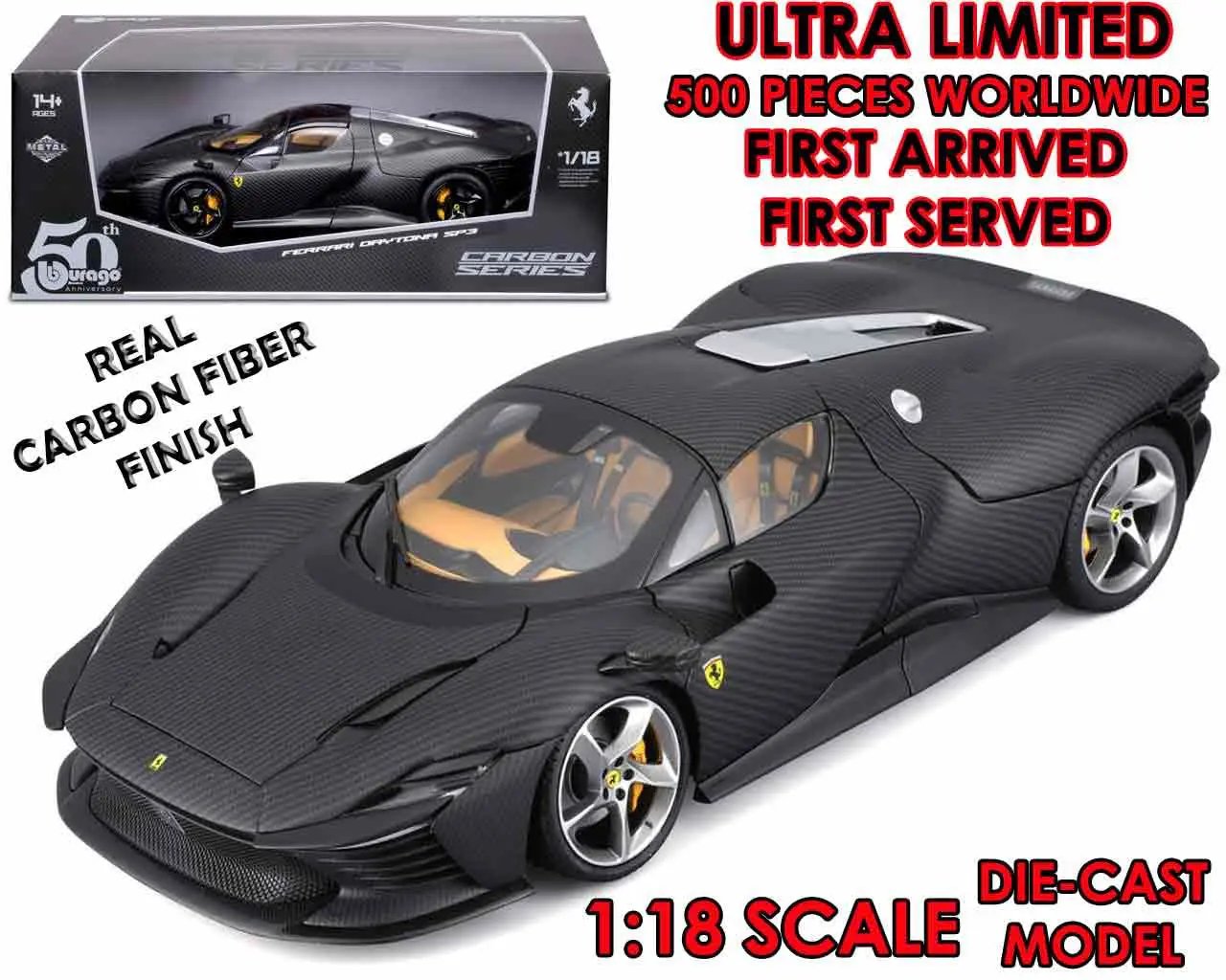 Ferrari Daytona SP3 1:18 BBURAGO diecast model with carbon fiber finish, 50th anniversary edition
