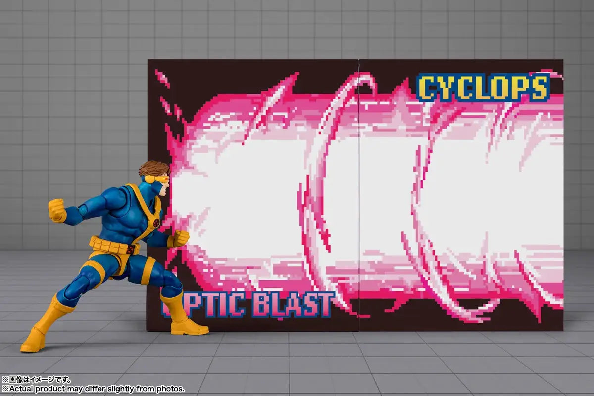 Cyclops Gamerverse S.H. Figuarts action figure by Bandai in blue and yellow suit, posed beside a pink graphic backdrop.