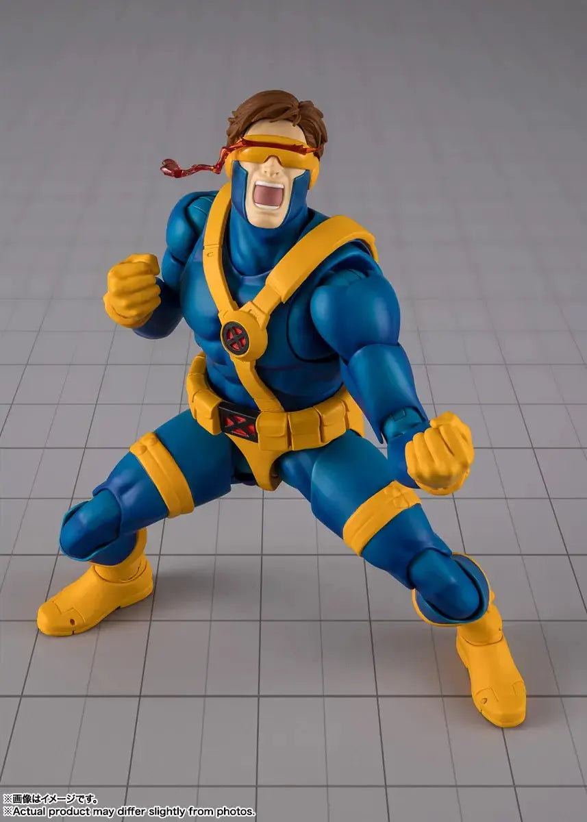Cyclops S.H. Figuarts action figure by Bandai, Gamerverse blue and yellow suit with red visor.