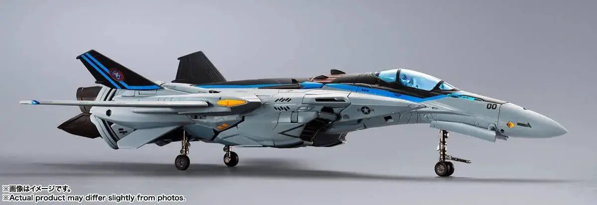 Dx Chogokin Macross VF-25 Messiah Valkyrie Top Gun Maverick aircraft model in blue-gray by Bandai
