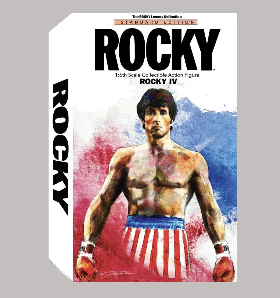 Rocky 4 Standard Edition 1/6 scale action figure packaging featuring Rocky in red gloves and American flag shorts.