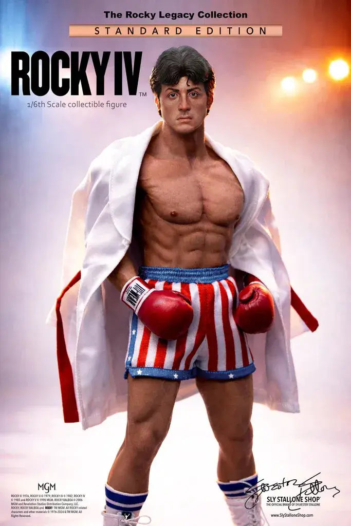 Rocky IV Standard Edition 1/6 scale action figure by SLYSTALLONESHOP with white robe and red-white-blue striped trunks.