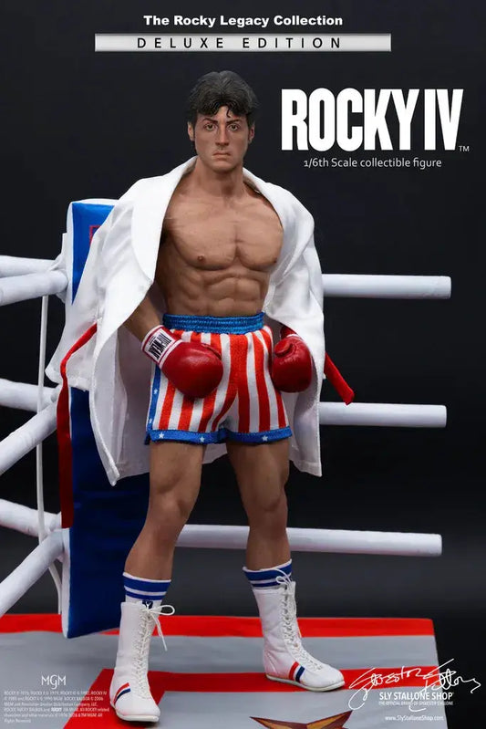 Rocky 4 Deluxe Edition 1/6 scale action figure by Sly Stallone Shop, in white robe with red gloves and striped shorts.