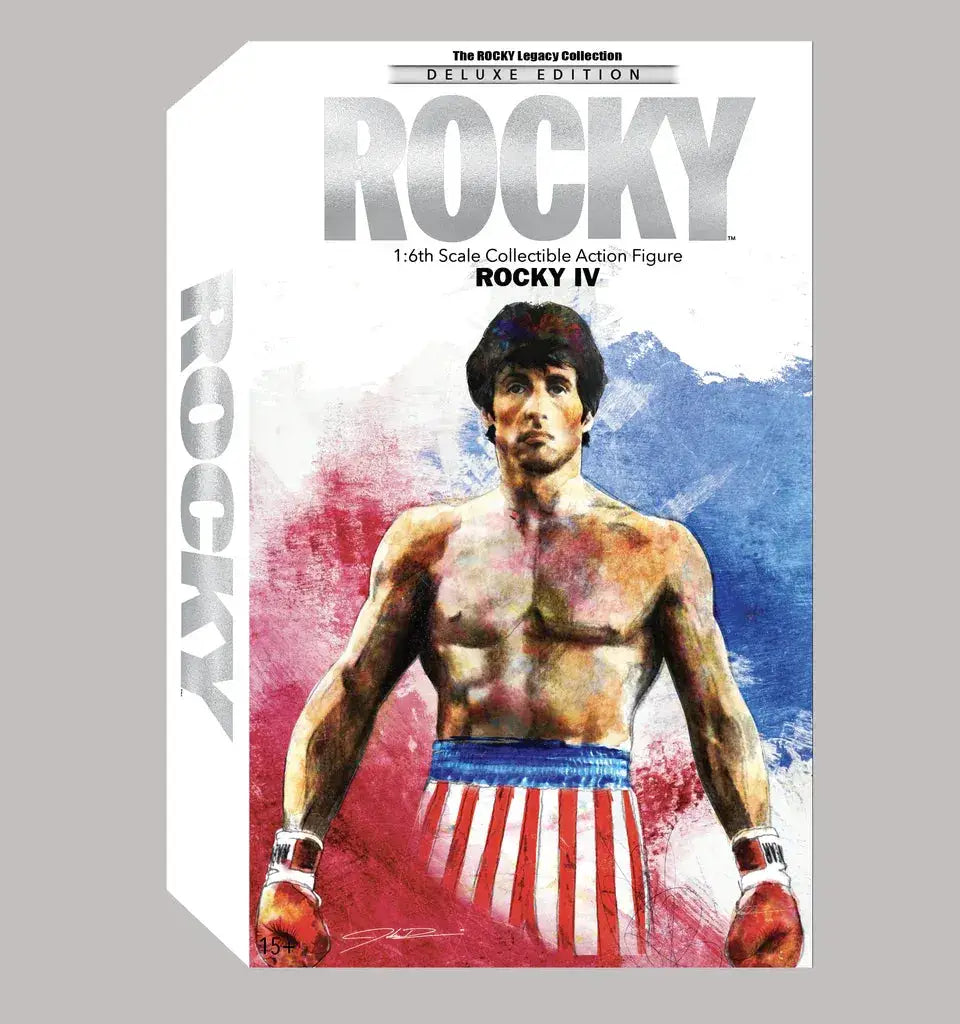 Rocky 4 Deluxe Edition 1/6-scale action figure packaging with Rocky IV in red gloves and striped red-white shorts