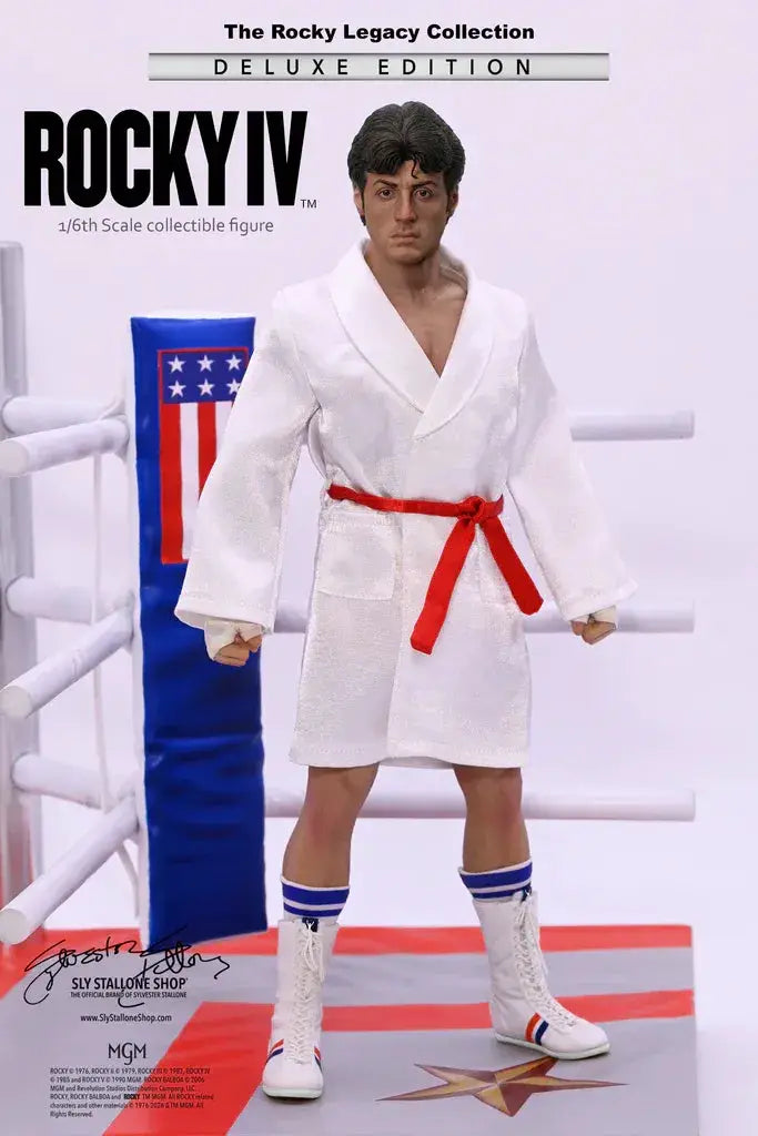 Rocky IV Deluxe Edition 1/6-scale action figure in white robe with red belt, boxing ring backdrop, Sly Stallone Shop