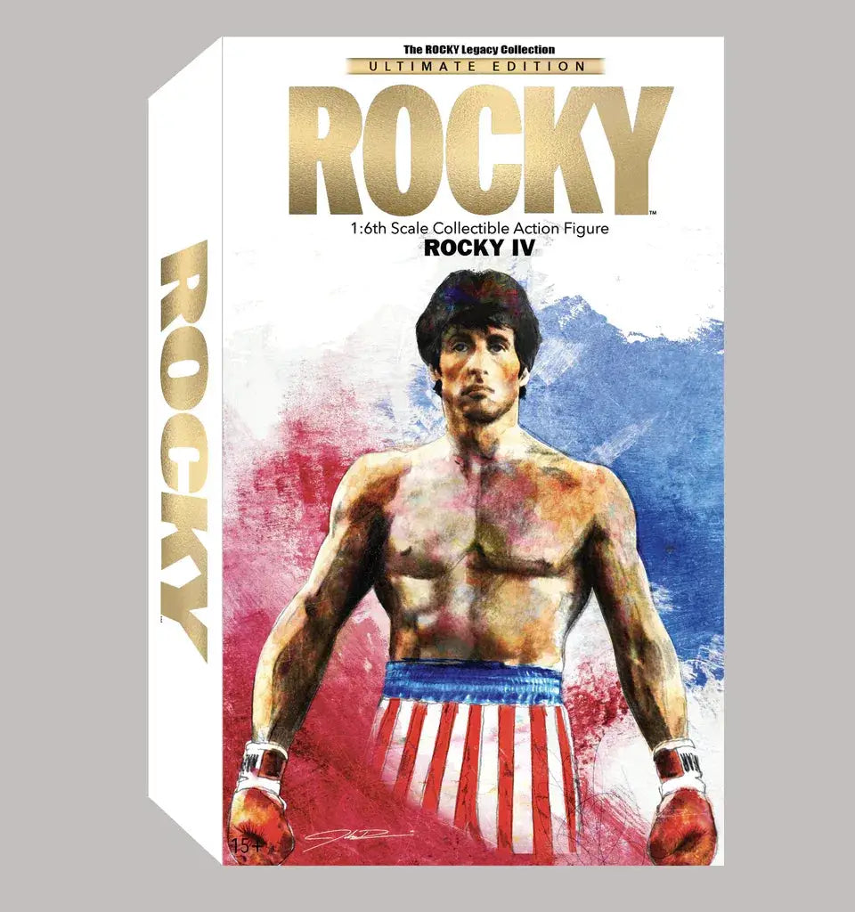 Rocky 4 Ultimate Edition 1/6 Scale Action Figure box with Rocky IV art, red/white striped trunks with blue waistband