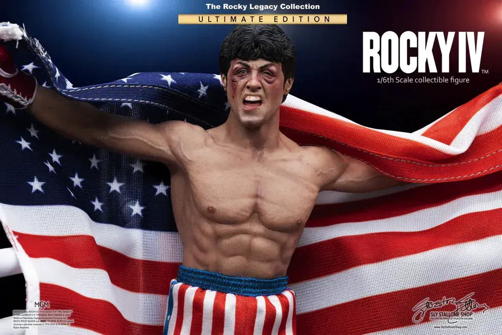 Rocky IV 1/6 Scale Ultimate Edition Action Figure from Slystalloneshop; shirtless figure draped with an American flag.