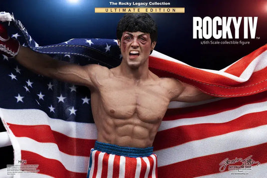 Rocky IV 1/6 Scale Ultimate Edition Action Figure from Slystalloneshop; shirtless figure draped with an American flag.