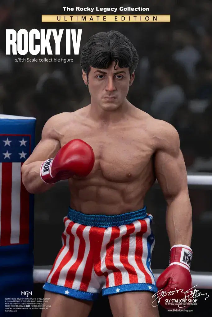 Rocky IV Ultimate Edition 1/6 scale action figure by Sly Stallone Shop, red boxing gloves and striped shorts.