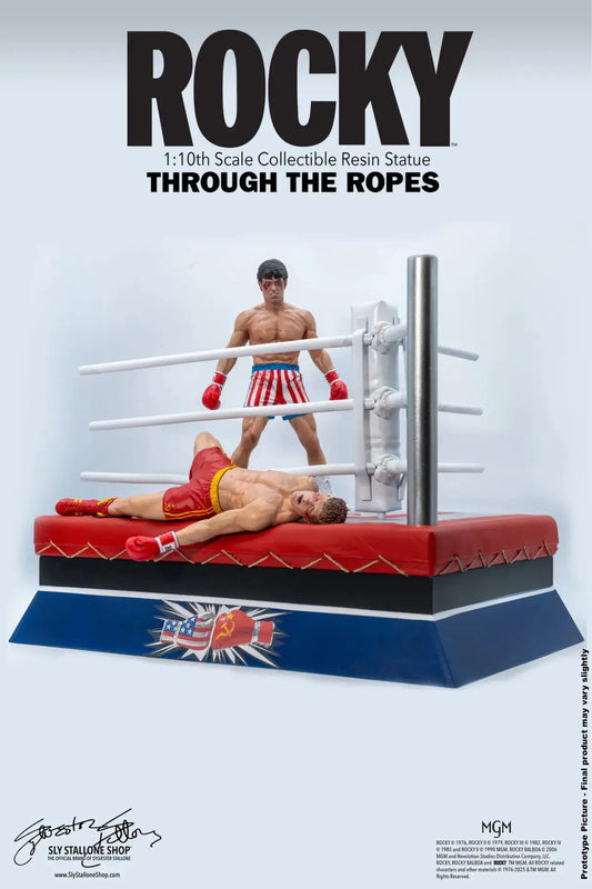 Rocky Through The Ropes 1:10 scale resin statue by Sly Stallone Shop; two boxing figures on a red-matted ring with a blue base