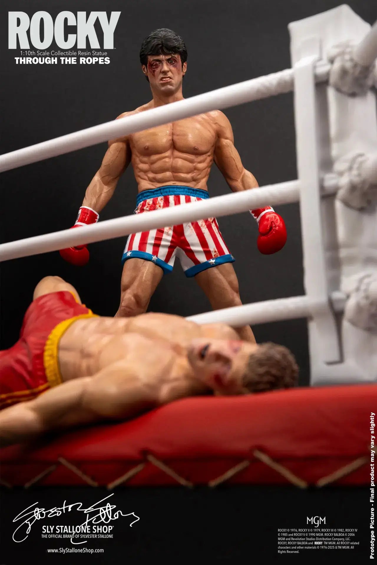 Rocky Over Drago Through The Ropes 1/10 Statue action figure; red gloves, red/white/blue shorts, Sly Stallone Shop