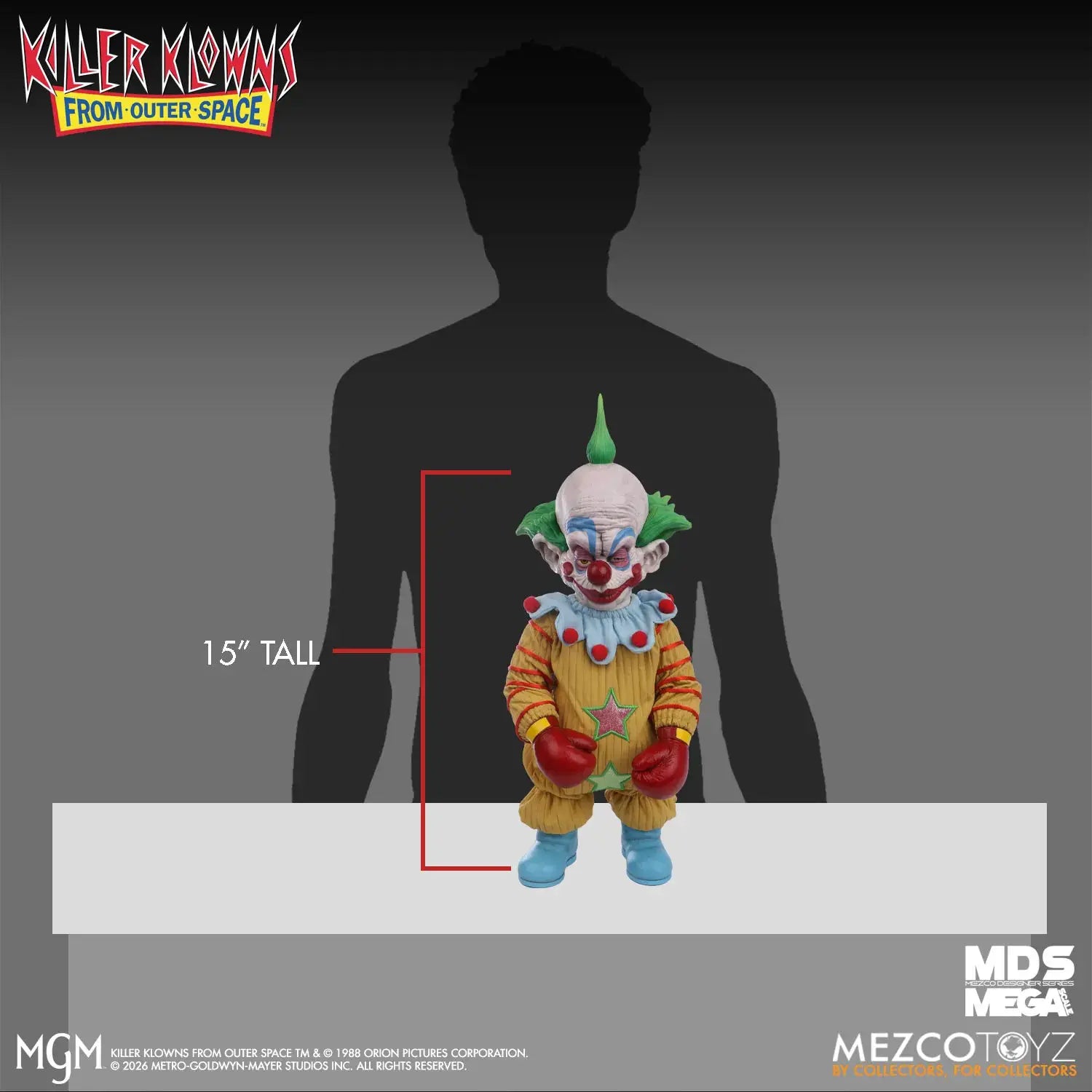 Killer Klowns From Outer Space Shorty figure by MEZCO TOYS, 15 tall in yellow suit with red gloves.