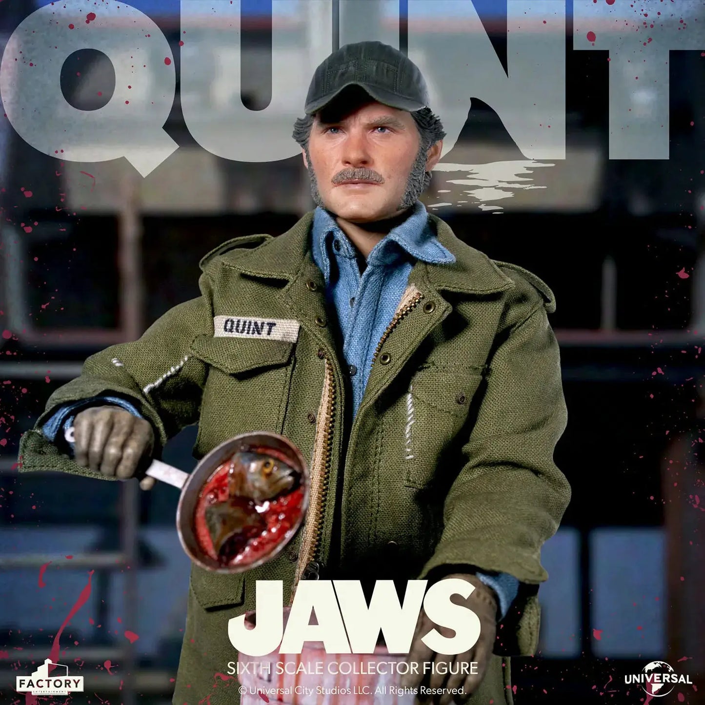 Jaws Quint 1/6-scale action figure by Factory Entertainment; olive jacket and cap, holding a pan with a fish.