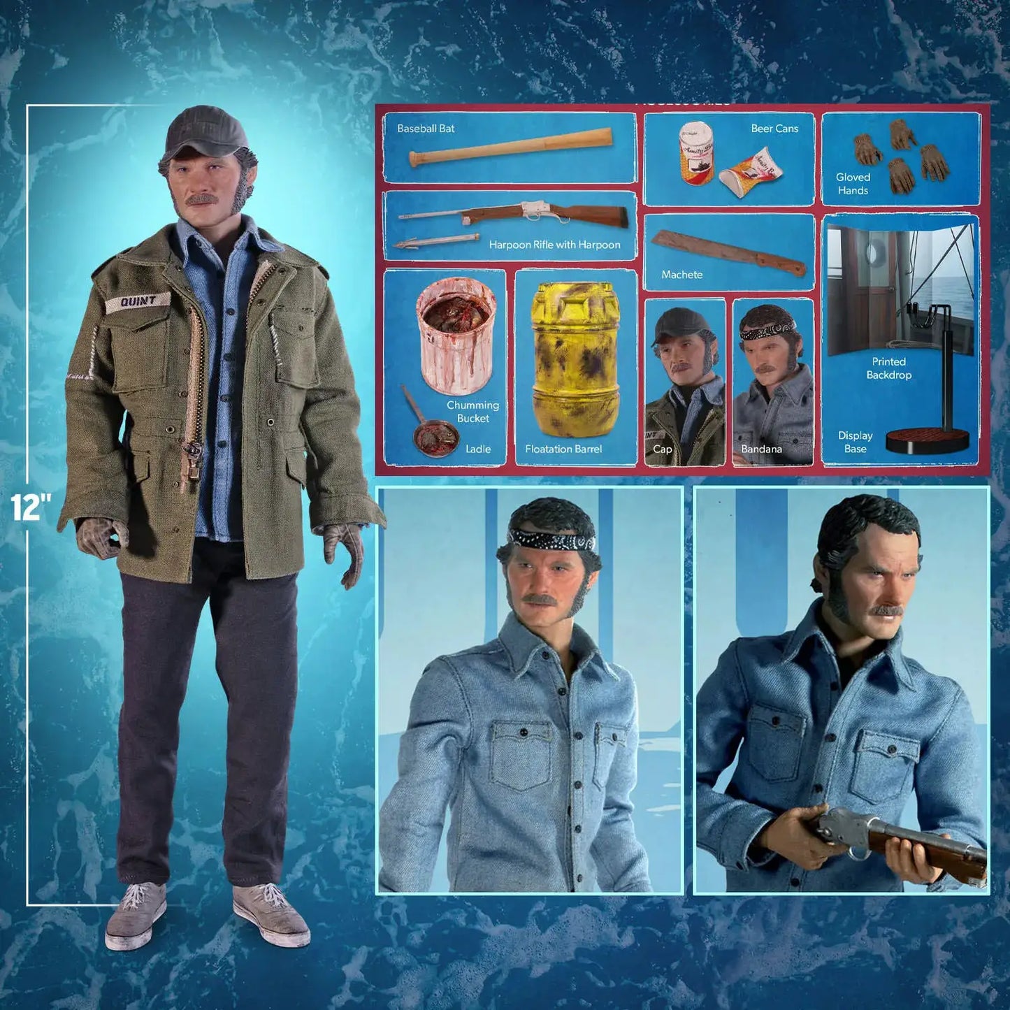 Jaws Quint 12-inch 1/6 scale action figure by Factory Entertainment with accessories and display backdrop