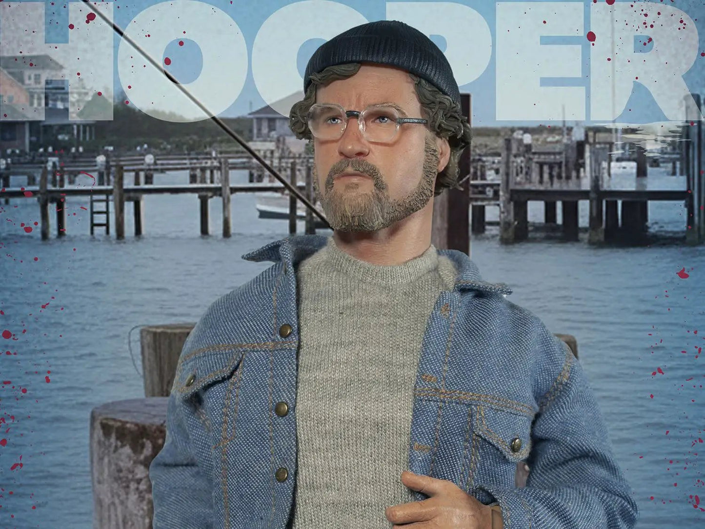 Jaws 1/6 Scale Hopper Action Figure by Factory Entertainment; denim jacket over gray sweater, glasses, dock backdrop
