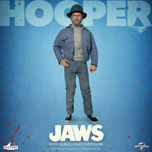 Jaws 1/6 Scale Hopper Action Figure, blue denim jacket and gray sweater with jeans, by Factory Entertainment