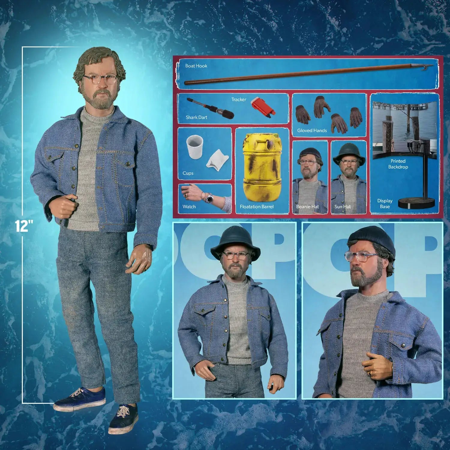 Jaws Hopper 12-inch action figure by FACTORY ENTERTAINMENT in a denim jacket with accessories set
