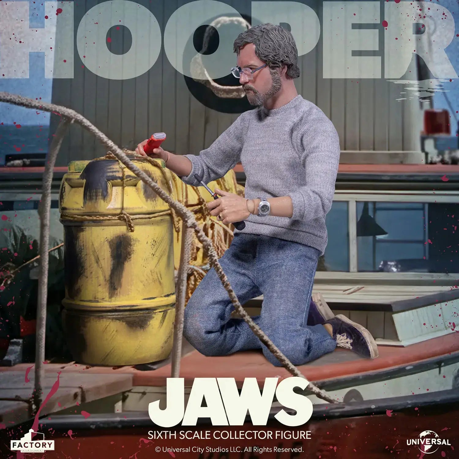Jaws Hopper 1/6 scale action figure by Factory Entertainment; kneeling on a dock beside a yellow barrel with rope.
