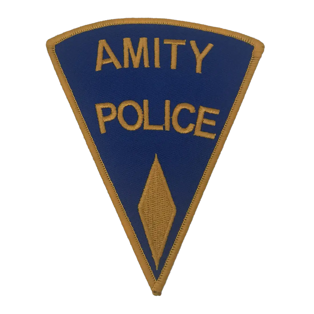 Jaws Amity Island Police Chief patch, blue fabric with gold embroidery AMITY POLICE in a triangular badge shape
